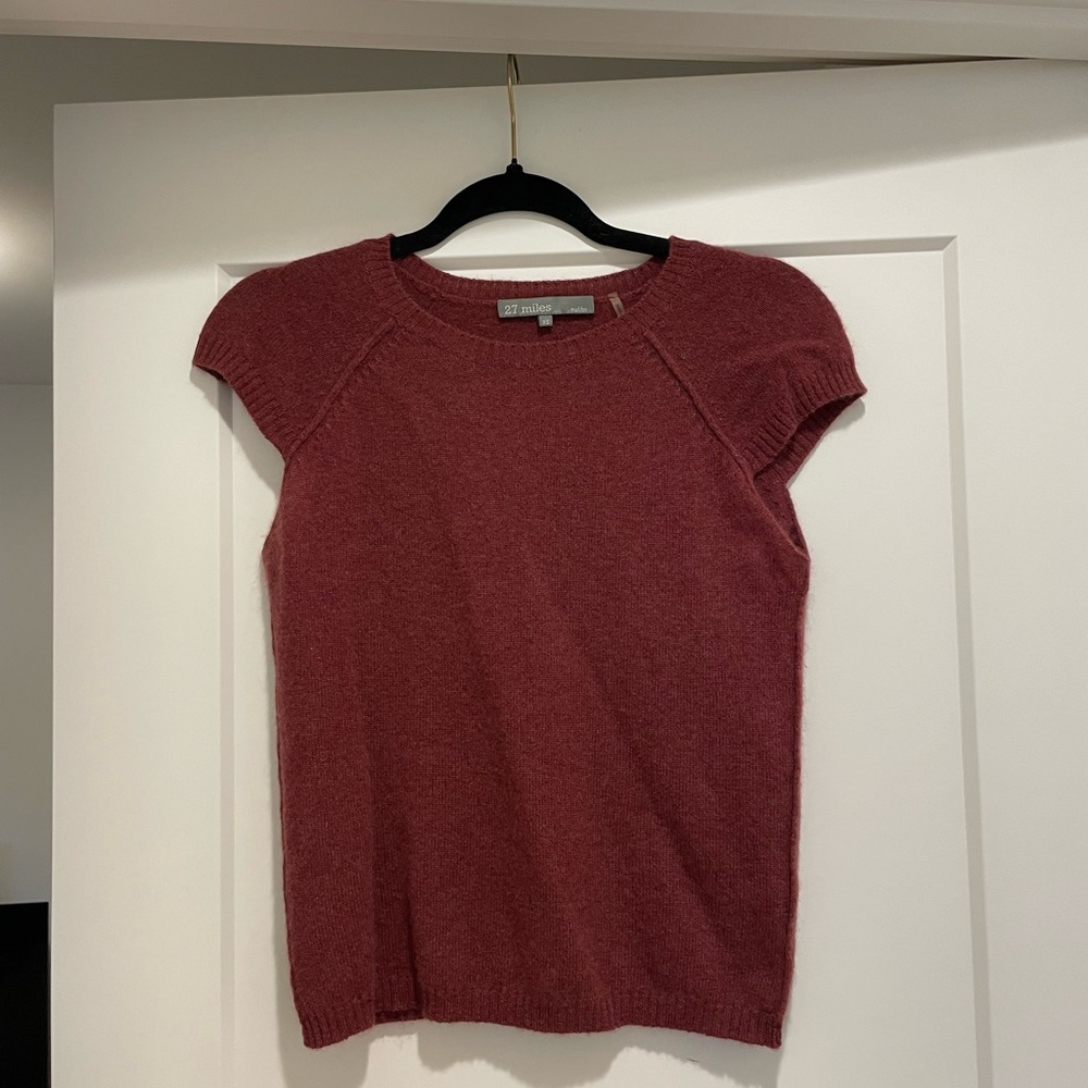 27 Miles Malibu 100% Cashmere Raspberry Red Knit Short Sleeve Sweater